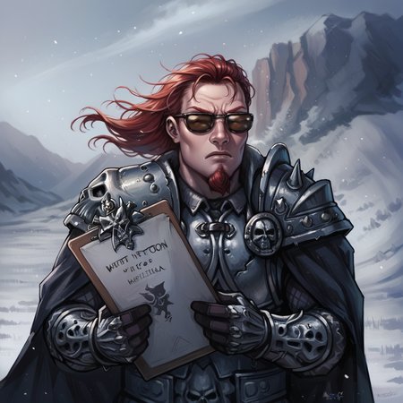 score_9, score_8_up, score_8, score_7_up, 1girl, solo, upper body, angry look, holding clipboard, wind, snow, outdoors,
<lora:Postal_Dude_Clothings__Character_Postal_2_1:0.7> sulfs-p2d00d, beard, goatee, red hair, sunglasses,  <lora:arthas:1> wearing arth4s armor,