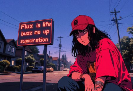 Japanese-Vietnamese Girl in oversized superbowl t-shirt, baseball cap and high sneakers. Looking at the viewer, partially parted lips, challenging pose, queen of the hill.
Dusk, long shadows, suburban american background in the '90. 
A road sign on the street is clearly visible, readable as she show it to the viewer. The sign says "Flux is life, buzz me up". 
=============================
anime, cyberpunk, style of Edwin Austin Abbey, ne0nfant4sy, Anime style