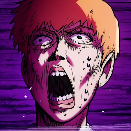 score_9, score_8_up, score_7_up, score_6_up, score_5_up, score_4_up,  <lora:ReigenXL:1>, ReigenXL, <lora:Mob_Psycho_funny_face-000008:1>, mob_psycho_funny_face, female focus, open mouth, snot, exaggerated expression, impact lines, teeth, sweat, meme parody, Distorted purple background