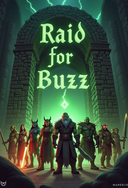 A high-fantasy illustration inspired by World of Warcraft, showing iconic characters from both Alliance and Horde factions united together at the entrance of a massive dungeon. A brave Human Warrior with a glowing sword, a mystical Night Elf Priest casting a protective aura, a fierce Troll Shaman holding a lightning totem, an Undead Warlock with green flames, an Orc Hunter with a wolf companion, and a Draenei Paladin shining with holy light—stand side by side, preparing for a raid. Above the ancient stone dungeon gate, glowing runes spell out: 'Raid for Buzz'. Integrated into the text is a minimalist lightning bolt symbol, representing Buzz. The scene is epic, filled with tension and excitement, with dynamic lighting, magical effects, and a powerful fantasy atmosphere.