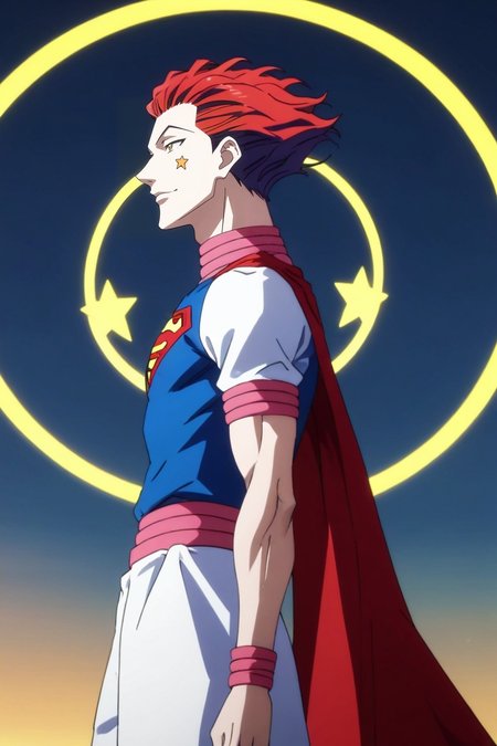 score_9, score_8_up, score_7_up, source_anime, rating_safe, , anime screencap, anime coloring, , , , 1boy, solo, male focus, <lora:hisoka_morow_pony:0.78>, hisoka_morow, red hair, yellow eyes, facial mark, star (symbol), from side, disneyland, noon, knees together feet apart, heart eyes, superman costume, <lora:sdxl_lightning_8step_lora:1>