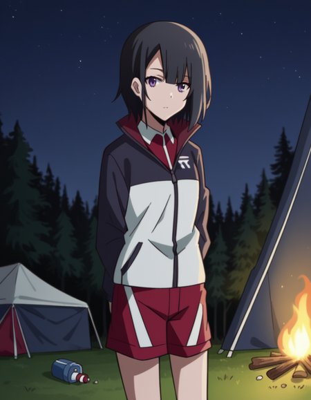 score_9, score_8_up, score_7_up, source_anime, <lora:yuika-shiwahime-s1-ponyxl-lora-nochekaiser:1>, yuika shiwahime, short hair, black hair, purple eyes,, shirt, jacket, necktie, shorts, sleeves past wrists, track jacket,, camping, bonfire, tent, stargazing, marshmallows, forest clearing, night, , looking at viewer, hands behind back, bent over,, solo,, dutch angle, cowboy shot