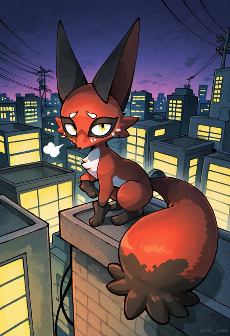 masterpiece, best quality, looking at viewer,      zzNickit,  moonlit rooftop, city skyline backdrop, satellite dishes, power cables, perched on ledge, tail curled around paws, head turned slightly, cool night air â Perched atop the highest rooftop in the neighborhood, zzNickit gazes across the glittering city skyline. Power cables stretch in crooked lines, and the occasional buzz of static fills the silence. The moon hangs low and full, bathing zzNickit in pale light as it sits calmly, tail wrapped neatly around its paws, eyes tracking movement far below.   ,<lora:NickitPokedex_IXL_v1:1.0>,