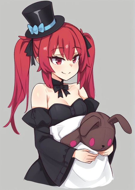 1girl,bare shoulders, black bow, black dress, black headwear, black ribbon, black sleeves, bow, closed mouth, cropped torso, detached sleeves, dress, grey background, hair ribbon, hat, holding, holding stuffed toy, long sleeves, red eyes, red hair, ribbon, smile, solo, strapless, strapless dress, stuffed animal, stuffed rabbit, stuffed toy, top hat, twintails, upper body, wide sleeves <lora:3000krw:1>