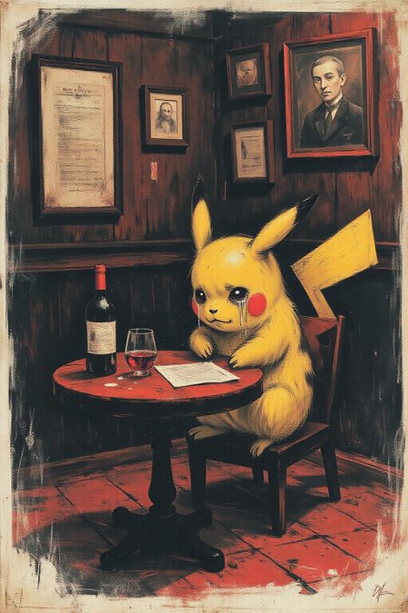 apoca1 illustration. 
Close up of Pikachu sitting at a small round table with a bottle of wine, Tear are rolling down his face. <lora:apocalypse_now1_fl_d4a2:1.0> <lora:Flux-Sch-SingleBlocks-BF16:1.0><lora:802368924185332649:0>