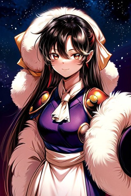 best quality 1girl Setsun4 solo long hair,  (night time) forest background black hair very long hair purple eyes multicolored hair armor, small, (fur trim) (medium body),<lora:EMS-179-EMS:0.800000>,<lora:EMS-293862-EMS:0.800000> bow, hair_bow, hair_tubes, red_bow, brown_hair, long_hair, bangs, ascot, frilled_bow, yellow_ascot, blush, smile, hair_between_eyes, athletic, armor, miko, strengthmda,  Smiling, happy, helmet