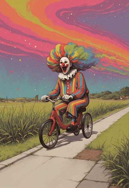 three quarter view, pennywise, male focus, solo, [clown], riding tricycle, sidewalk, grass,
vdsur, surreal, colorful background
masterpiece