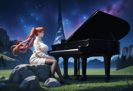 score_9, score_8_up, score_7_up, source_anime BREAK 1girl, solo, <lora:haloring-halo-richy-v1_pdxl:1> hlrng, horizon, mountainous horizon, vista, dark, darkness, night, night sky, starry sky, star \(sky\), nebula, galaxy, sky, full body, rock, field <lora:grandpiano-concept-richy-v1_pdxl:1> grand piano, sitting, playing piano, red hair, twintails, very long hair, yellow eyes, huge breasts, turtleneck sweater, white sweater, ribbed sweater, pantyhose, from side
