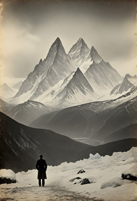 antique photo of mountain range in the distance, ice covered jagged mountain peaks, eerie atmosphere, lonely weanderer looking into the distance,  at the mountains of madness, , lovecraft horror