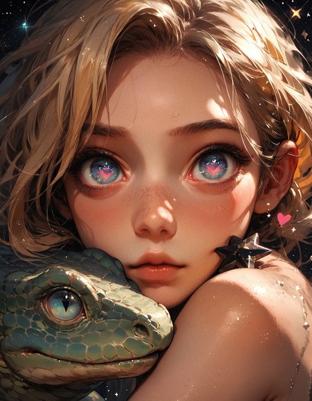 score_9, score_8_up, score_7_up, score_6_up, score_5_up, score_4_up,  girl and a lizard, (black star:1.2), girl has blonde hair and blue eyes, pink heart, small eyes, galaxy, black background