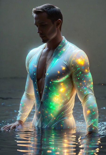 a man wearing a bioluminescent clothes glowing in water, ral-opal