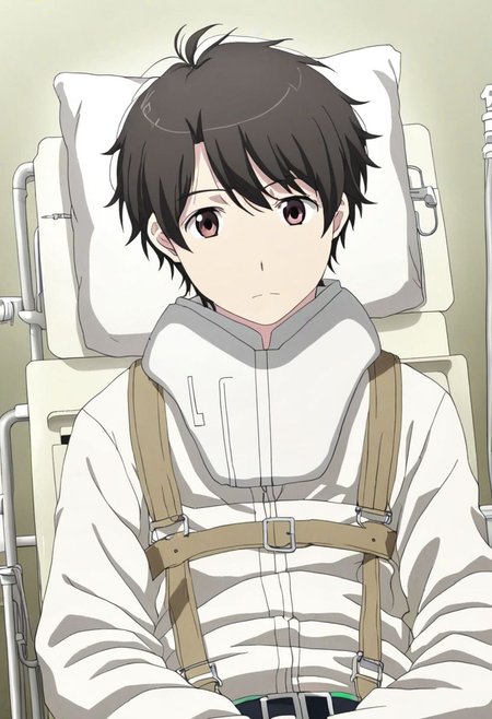 high resolution, solo, best quality, 1Boy, Inaho Kaizuka, Black Hair, Brown Eyes, sick, bandage, helpless, patient, hospital, infusion, OverallDetail