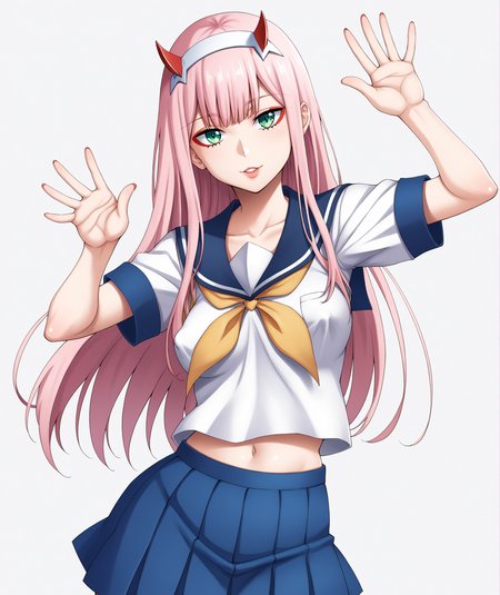 score_9, score_8_up, score_7_up, score_6_up, score_5_up, score_4_up, BREAK, source_anime, best quality, masterpiece, 2d, intricate details, official style, anime, 4k, anime style,
pgegera, 1girl, solo, 1girl, solo, eyebrows visible through hair, eyeshadow, green eyes, hairband, horns, long hair, makeup, pink hair, white hairband, zero two \(darling in the franxx\), parted lips, lipstick,navel, covered nipples, 
school uniform, serafuku, seifuku, blue sailor collar, sailor collar, skirt, pleated skirt, 
arms up, waving, waving arms, cowboy shot, looking at viewer, white background, simple background, <lora:add_details_xl:0.6>, <lora:Gegera_Pony:1>,