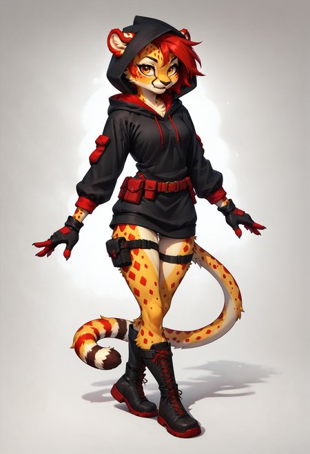 score_9, score_8_up, source_furry, <lora:Cheenobi:0.6>, Cheenobi, 1girl, short hair, red hair, golden eyes, furry cheetah, spotted fur, black clothes with red stripes, hoodie, hood, black clothes with red stripes, utility belt, boots, gloves, thigh bags,