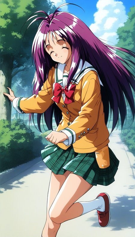 score_9, score_8_up, score_7_up, source_anime, rating_explicit, BREAK  <lora:Kotobuki_Miyuki_XL:1> Kotobuki_Miyuki, purple hair, long hair, brown eyes, antenna hair,
 1girl, solo, skirt, school uniform, outdoors, bow, long sleeves, pleated skirt, red bow, closed eyes, tree, shoes, sky, day