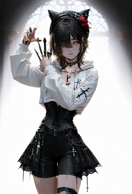 masterpiece, newest, absurdres, best quality, amazing quality, very aesthetic, ultra-detailed, highly detailed, BREAK 1girl, asian, ku-mi, black hair, pointy ears, forearm tattoo, dark brown eyes, small breasts, black hair, choker, medium hair,Gothic style, white hoodie, inverted cross, lace high collar, black corset vest, black fishbone skirt, black shorts, black Mary Jane shoes, cross necklace, black bell-shaped hat, rose brooch, belt, sleeves with black cross pattern, BREAK depth of field, ambient occlusion, diffuse glow, cinematic lighting, dark background, detailed background, close-up, indoor, interior, room,  GF-Illu, dagger_cloud_(magic), solo, floating dagger, magic dagger, dynamic pose, many dagger, magic, glowing, spinning dagger, cowboy shot, glowing eyes:0.2, hair over one eye, detailed eyes, detailed face,
