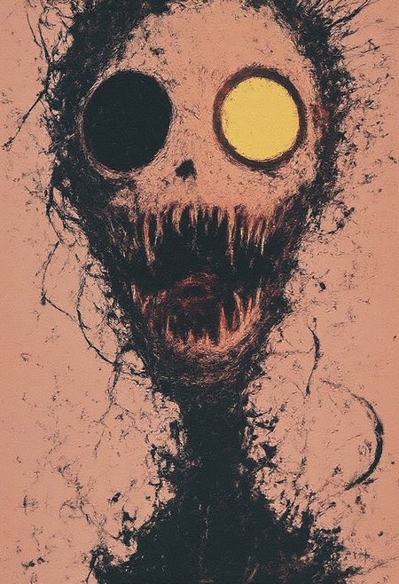 an adroit d3press1on illustration, in the playful scribble drawing style. triadic complementary colors, dark and moody surreal nightmare of an eerie laugh, a mouth distorted, wide grin, and full of sharp nails, in the realm of the damned dreaded souls, teal and orange color grading, yellow abstract geometric gradients stain the orangish background
<lora:d3press1on:0.9>
