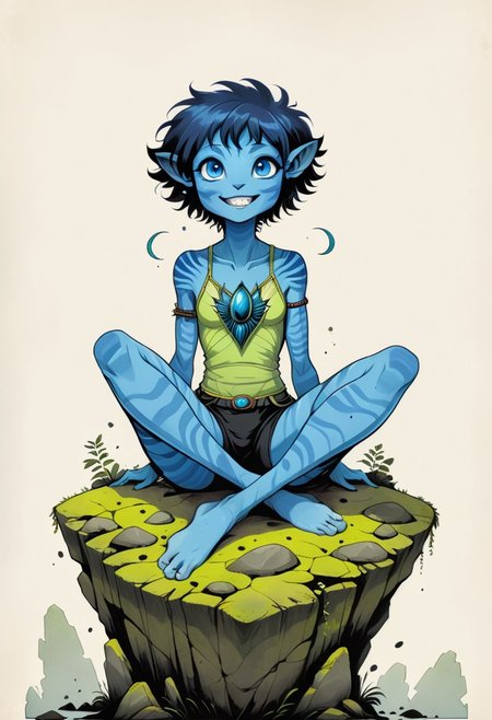 (masterpiece, best quality, detailed:1.25),
full-body by (Alessandro Gottardo:0.75) and (Wendy Froud:0.25),
front logo of a (joyful young female Avatar navi alien with blue skin:1.36) sitting on mossy stone,
sharper, clean lines, outline, muted colors, minimum details