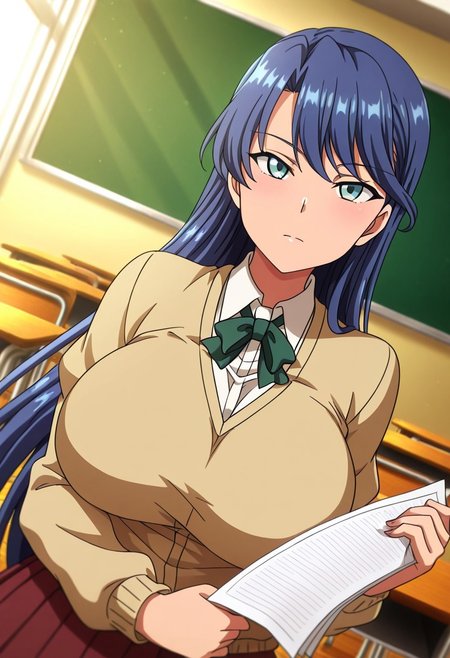 general,highres, ultra-detailed,very aesthetic,best quality ,best hands,best eyes,easynegative,anime_coloring,
dynamic anglre, dutch angle, 
1girl solo,looking at viewer,school,indoors,classroom,holding papers,standing,
Mizuki Miyama,blue hair, long_hair, blue_eyes, huge_breasts,school uniform,