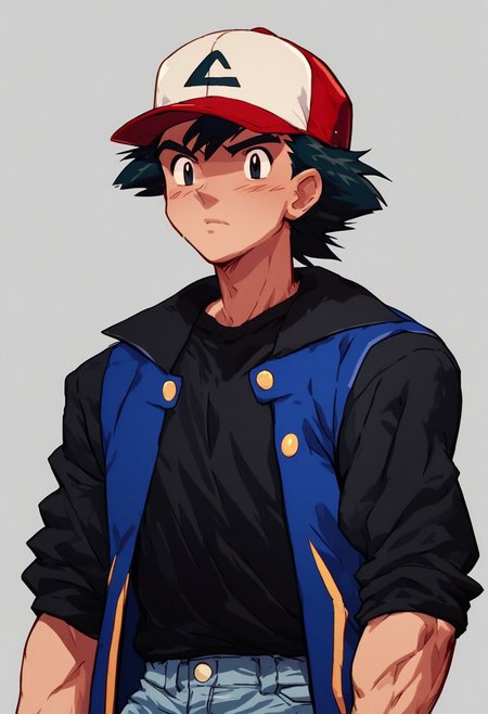 score_9, score_8_up, score_7_up,ash3, very muscular,devonxy, masculine, tight clothes, transformation,1boy, black hair, black eyes. hat, baseball cap, jacket, shirt, black shirt,