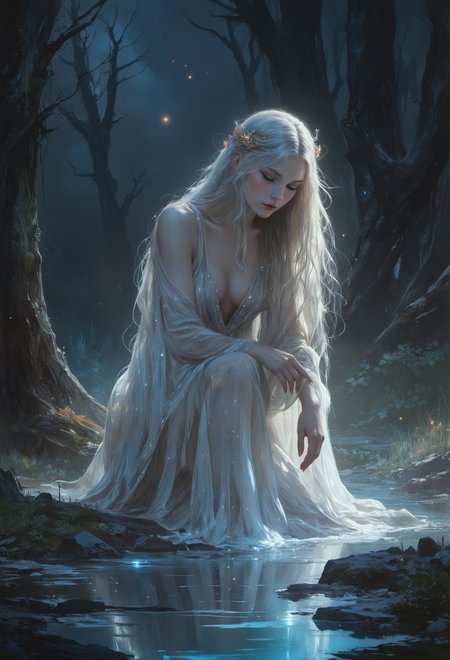 A soft-focus cinematic fantasy scene of a luminous, otherworldly woman with long, flowing silver-white hair kneeling at the edge of a still moonlit pond in an ancient forest clearing. Her translucent starlight robes pool around her like mist, glimmering with faint constellations. She reaches out with one delicate hand, lightly touching the waterâs surface, sending soft ripples across the mirrored moonlight. Her violet eyes are downcast, filled with silent sorrow and otherworldly grace. A breeze stirs her hair and robe, adding gentle motion to the quiet moment.
The forest around her is dark and ancient, filled with twisting trees and luminous wildflowers. Fireflies drift lazily through the mist, glowing gold and pale blue. The composition is richly layered, with dreamy bokeh, soft lens flares, and prismatic light leaks washing across the frame. The image glows with warm overexposure and faint vintage film grain, evoking the style of a melancholic fantasy film still.
  <lora:Vibrantly_sharp_style_v.2:0.5> <lora:80sFantasyMovieV3:0.5>    <lora:OBååå®èåç»V2.0:0.4> obxiaoxiang <lora:artisketchyfs-v02:0.75>