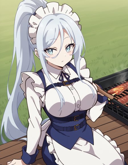 score_9, score_8_up, score_7_up, source_anime, <lora:sylpha-langlis-s1-ponyxl-lora-nochekaiser:1>, sylpha langlis, long hair, blue eyes, hair between eyes, ponytail, white hair,, large breasts, apron, maid, maid headdress, maid apron, frills, long sleeves,, backyard, barbecue, grilling, laughter, summer evening, , sitting, elbow rest, table,, looking at viewer, solo,, dutch angle, cowboy shot