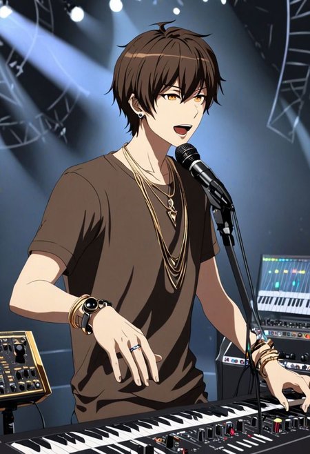 Highres, Masterpiece, High Quality, 4K, 8K, solo, 1Boy, Seiya Kanie, short dark brown hair, golden eyes, idol, singing, big stage, spotlight, virtual concert, microphone, cable, musical instrument, speaker, equalizer, synth, enthusiast, necklace, bracelet, ring, watch, anklet, earrings, easynegative, detailed_eye_model