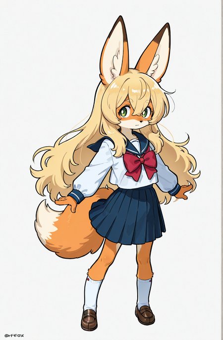 (anthro fox girl:1.5),blonde,long hair,(fur:1.5),(fluffy:1.5),(serafuku:1.5),perspective
hair between eyes,zPDXL3,solo,simple background, full body, 
<lora:Perfect Hands:1> <lora:age_slider_v4:-2>
<lora:Tezuka_Osamu:0.9>tezuka osamu, score_9, score_8_up, score_7_up, score_6_up, score_5_up, score_4_up,zPDXL