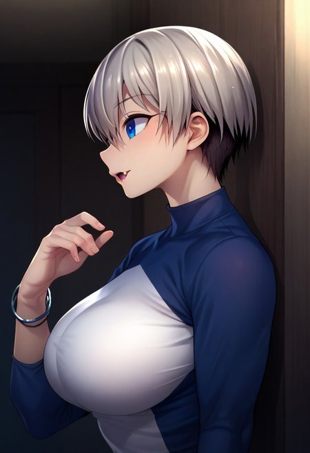 (zPDXL3), 
(zPDXLxxx), 
1girl, 
solo,
1girl, uzaki hana, grey hair, short hair, hair between eyes, bangs, blue eyes, skin fang, large breasts, 
black pantyhose, boots, bracelet, clothes writing, denim skirt, long sleeves, raglan sleeves,
bust up,
side view,