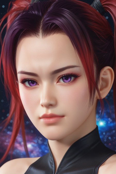 score_9,score_8,score_7_up,ultra detailed,realistic,high_contrast, 
nyotengu \(doa\),
purple eyes, red hair, twintails, hair between eyes,messy_hair,black bodysuit,((hair slicked back)),((forehead)),
portrait, multicolored hair, fringe, bare shoulders, upper body, cosmic,
 <lora:doa_nyotengu_pdxl_v10_plus:0.7000000000000001>