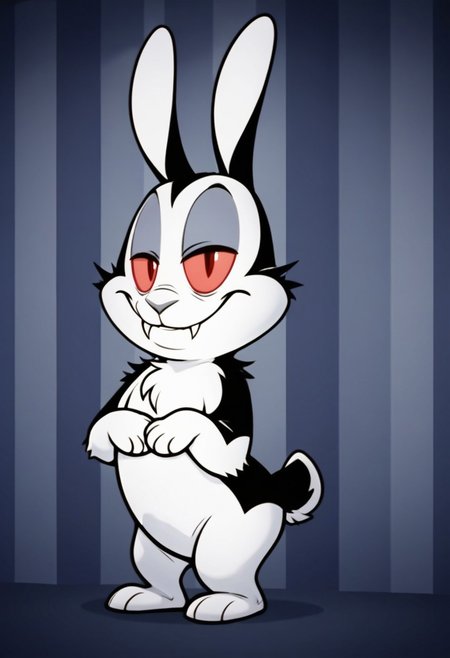 score_9, score_8_up, score_7_up, tail, solo, male, solo male, bunny, rabbit, bunnicula, pink sclera, red eyes, colored sclera, black and white fur, cheek tuft, grey nose, scut tail, fangs, shortstack, chest tuft, chibi, eyeshadow, smile, fur markings, chest tuft, smirk, squint, half-closed eyes, eyelids, confident, looking at viewer, standing, barefoot, featureless chest, head tilt, cocked hip, flirty, arched back, showing off, adjusting clothing, masterpiece, extreme detail, 4k, realistic, shading, psychedelic background, pattern background, full-length portrait, Perfect Hands, 5 fingers, perfect paws, perfect lighting, zPDXL3, Expressiveh, light and shadows by reij-shdwgms, vampire, horror \(theme\),
