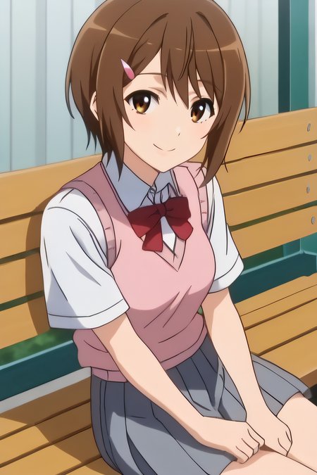 score_9, score_8_up, score_7_up, source_anime, rating_safe, intricate details, anime screencap, official style, 1girl, solo, <lora:Kiryuu_Saori:1>, saori, brown eyes, brown hair, short hair, hairclip, school uniform, white shirt, short sleeves, red ribbon, pink sweater vest, grey skirt, pleated skirt, looking at viewer, outdoor, sitting on bench, smile