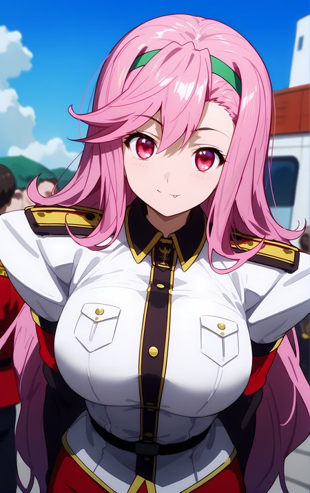 (score_9, score_8_up, score_7_up), standing, leaning forward, looking at viewer, light smile, closed mouth, shiny skin, tight clothes,
ohwx, 1girl, solo, pink_hair, long_hair, hairband, pink_eyes, red eyes, heart, fang, fang_out, breasts, large_breasts,
uniform, military_uniform, military, skirt,
island,
cowboy shot, dutch angle, close-up,
 <lora:shiria_ootsuka_pony_ss:1>