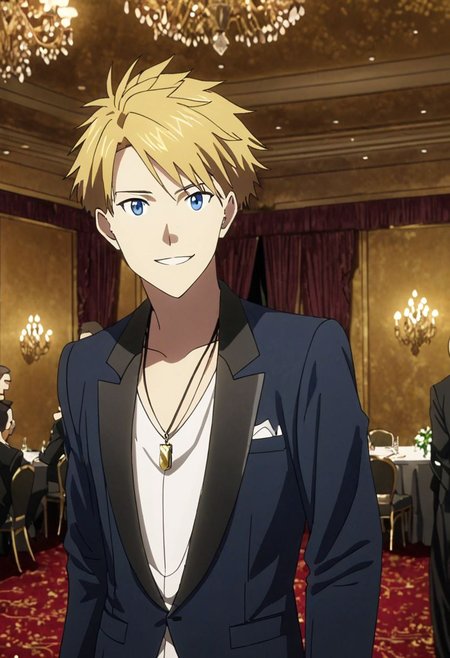 high resolution, professional photography, best quality, 1Boy, Yamato Ishida, blond hair, deep blue eyes, necklace, ballroom, luxury hotel, tuxedo, smile, mysterious, confident, rich, OverallDetail