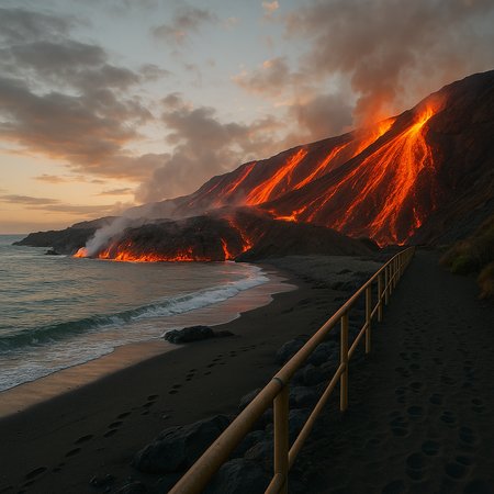 A high-resolution, cinematic digital painting of an erupting volcano at sunset. Streams of molten lava flow down the mountain slope into the ocean, generating thick steam where lava meets water. The scene includes a black sand beach in the foreground with visible footprints, and a golden metal railing running along a rocky coastal path. The sky is filled with warm orange clouds and soft evening light, casting a dramatic glow over the entire landscape. Photorealistic, ultra-detailed, glowing lava, smoke effects, dynamic lighting, 8K quality.