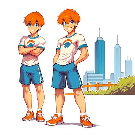freerrystyle, 
score_9, score_8_up, score_7_up, 1boy, solo, cute, happy, smiling, white outline,  standing, full-length portrait, city background, short hair, eyes, shorts, shirt, shoes, street background