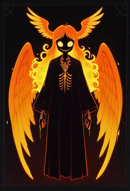 1 girl ,solo ,(ghostly hair), long hair, (glowing liquid hair:1.2), elaborate tattoos, intricate tattoos, open robe , glowing wings , big wings , orange feather , glowing feather , head wings ,
masterpiece, best quality ,amazing quality , WB-Illu ,Protoneon ,1950s_(style), film_grain, retro, retro_artstyle, digital_media_\(artwork\),