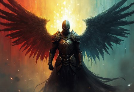 Solaire from dark souls in full armor with sigils, but is not wearing a helmet. Solaire's armor is partially fractured and shattered like it was glass. The backdrop is composed of different colors transitioning from warm reds and yellows near the center to calming blues and greens toward the periphery. The backdrop is centered behind the subject. The colors are separated by metallic fractures, creating a glowing mosaic effect. The colors of the backdrop are most intense near the center. The backdrop is partially shattered like glass. The subject itself is a stark and gloomy silhouette, contrasting beautifully against the vibrant, light-filled fragments surrounding it. Solaire has majestic wings, but they are not the focus. Emlhasis is placed on solaire and the backdrop.