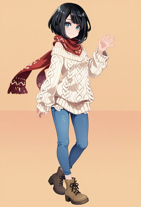 masterpiece, best quality, 1girl, solo, eyelashes, (beautiful eyes), narrow waist, smile, <lora:CoutureCraze_IXL:1.0>,   zzSelene, black hair, short hair, C0utur3Cr4z3, 1girl, solo, oversized knit sweater, skinny jeans, ankle boots, wool scarf, casual coffee shop, warm ambiance â Selene relaxes in a cozy coffee shop, her oversized knit sweater enveloping her in warmth. The soft fabric contrasts with the sleekness of her skinny jeans, and ankle boots add a touch of comfort. A wool scarf is draped loosely around her neck, adding a chic layer to her casual look. Her short black hair frames her face perfectly as she sips on her coffee, the warm ambiance of the cafÃ© providing the perfect backdrop for her effortless style.   <lora:SelenePokemon_NAI:1.0>,