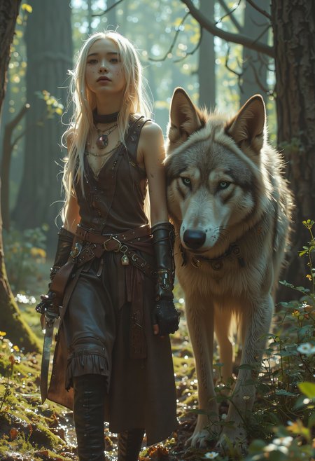 A beautiful young, slender female character with an ethereal face walks purposefully through a wild, ancient forest, accompanied by a towering dire wolf at her side. Her face is striking and memorable: high, delicate cheekbones that add an angular elegance to her features, and large, almond-shaped eyes in a piercing, almost icy shade of pale blue. Her gaze is intense yet thoughtful, with a slight glimmer of mystery as her eyes catch the dappled light filtering through the trees. Her skin is pale and smooth, almost luminescent in the shaded forest, giving her an otherworldly quality. She has a refined, straight nose, and her lips are thin but well-defined, with a faint, natural rose hue. Her expression is calm but alert, exuding both wisdom and resilience from years spent in the wild.  Long, flowing pale hair frames her face in soft waves, almost silver in the shifting sunlight, cascading down her shoulders and back, with a few loose strands tucked behind one ear. She wears a rugged outfit suited for survival: a fitted leather tunic in dark brown, with subtle stitching along the seams and a high collar to protect her from the elements. Her leather is worn but well-cared-for, showing signs of use without losing its form. A belt at her waist holds small, practical pouches and a sheathed dagger, while fingerless gloves protect her hands without hindering her dexterity. Her boots, tall and reinforced, show traces of mud and dust from long days traversing rugged terrain.  Walking beside her is a massive dire wolf, its thick coat a mix of silvery gray and dark charcoal, with piercing, intelligent eyes that seem to mirror her own. The wolfâs presence is both powerful and calm, its muscular form and large paws moving soundlessly as it keeps close to her side, its watchful gaze scanning their surroundings.  The forest around them is dense and alive, with towering trees whose branches create a lattice of shadow and light above, while soft patches of sunlight illuminate the lush, moss-covered forest floor. Vines drape from high branches, and clusters of wildflowers add splashes of color to the deep greens and browns of the foliage. Small streams weave through the ground, reflecting shards of sunlight, while a faint mist clings to the air, enhancing the mystical atmosphere. The scene exudes an enchanting tranquility, capturing the deep bond between the young woman and her dire wolf as they venture together through the untouched wilderness.   <lora:FLUX - Surreal_Photo (Glitter):0.7> <lora:FLUX - NEOSTF - Styles for FLUX:0.7> <lora:FLUX - Realism:0.7>