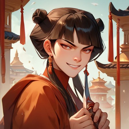 score_9, score_8_up, score_7_up, score_6_up, score_5_up, score_4_up, rating_questionable, Mai, holding a throwing blade, in a Chinese palace, small smile