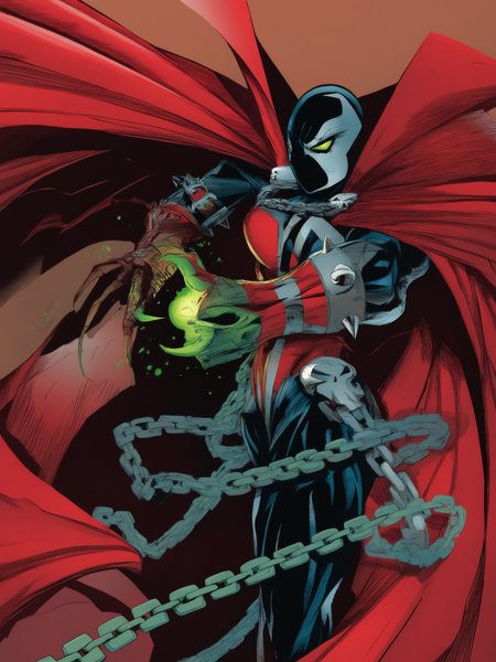 masterpiece, best quality, best score, absurdres, best anatomy, 
 <lora:[Todd McFarlane (associated Artists of Image Comics)] Spawn Art Style Issues 1-10 IllustriousXL:1>,western comics (style), superhero, red cape, mask, 1girl, weapon, battle, chain, green eyes, animification, claws, science fiction