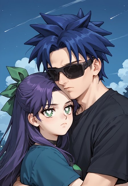 score_9, score_8_up, score_7_up, score_6_up, 1990s (style), zPDXL3, sm90s, source_anime, anime screencap, anime coloring, duo, couple, hug, 1girl, NSAbigailStardew, purple hair girl, blue hair boy, (green eyes:0.7), looking at viewer, long hair, (parted bangs:0.4), black choker, (hair ribbon:1.2), green ribbon, (blue vest, open vest:0.6), (sleeveless:0.5), 1boy, DimonSV, (black sunglasses, tonned sunglases:1.2), (heart shirt:1.4), (spiked hair, spikes hair:1.1), from front, from side, medium perky breasts, aesthetic face, dedicated face, enthusiastic face, epic, masterpiece, unamused, outdoors, night sky, black theme, dark, looking, closed mouth, half-closed eyes