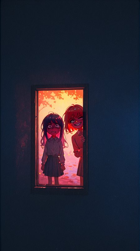 impressionism, highres, toon \(style\), watercolor pencil \(medium\), vivid colors, split lighting,
2girls, implied yuri, BREAK BREAK 1girl, evil grin BREAK 1girl, despair,