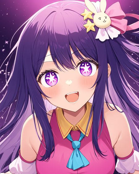 ai hoshino,1girl, solo, open_mouth, star_\(symbol\), star_hair_ornament, looking_at_viewer, signature, blush, detached_sleeves, puffy_short_sleeves, upper_body, teeth, :d, pink_dress
<lora:hoshino_ai_(oshi_no_ko)_image2321_2023-12-06:1>,star-shaped_pupils,symbol-shaped_pupils,. gorgeous,key visual, vibrant, studio anime,award-winning, professional, highly detailed,high budget, cinemascope