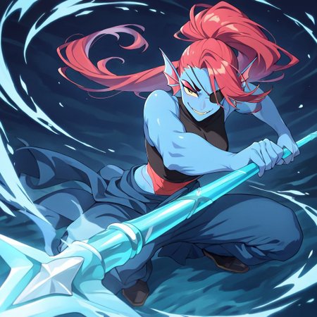 masterpiece, best quality, newest, absurdres, highres, anime, anime style, DPDV1.0, dynamic pose, polearm, holding polearm, holding weapon, weapon, 
1girl, undyne, eyepatch, head fins, red hair, blue skin, blue colored skin, colored skin,


spear, holding spear,