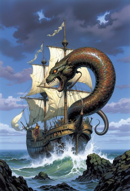 Comic book style 8k high quality digital painting , masterpiece, very detailed, ultra realistic, (best quality) very detailed epic masterpiece, a sailing ship on a stormy ocean is being attacked by a giant sea snake emerging from the water, winding around the ship, big waves, dramatic sky, action, scary, best quality, epic scene,  Dungeons and dragons atmosphere, heroic fantasy, fna_style, Comic book style