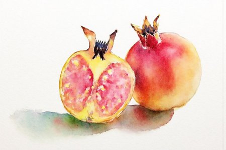 watercolor. 
Two pomegranates, one whole and one halved, set against a plain, slightly textured white background.
 <lora:watercolor1_nbm_cap_d6a3e12:1.0><lora:838773904504792266:0>