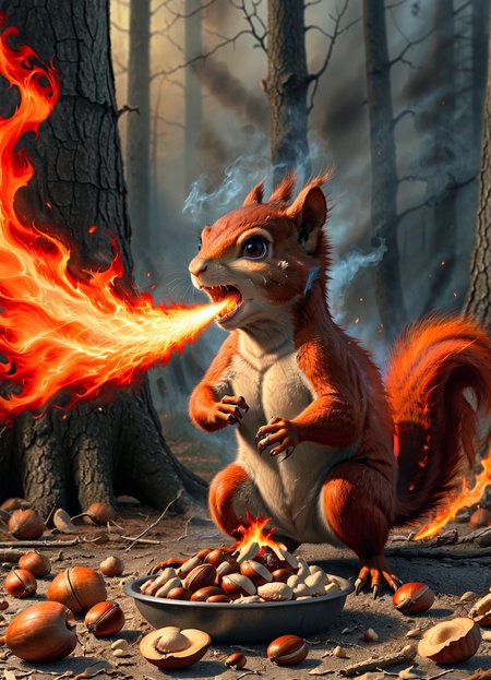 action photo,crazy squirrel (breathes fire:1.4),protects the nuts around,8k,F2.8,RAW Photo,ultra detailed,real life,<lora:FireBreath:0.8>,<lora:The_Dark_Side_of_the_Earth:0.6>,