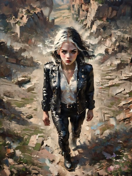 score_9, score_8_up, score_7_up, Fighting scene, shot from above, looking up against all odds, 1girl, pale skin, medium breasts, Black leather jacket, black leather pants, black riding boots, white highlights, Black hair, white highlights, <lora:OilpaintIMP:1> 0cmtr1g, 0cm, 0cm1sc, 4rch, The fall of ancient power, the towers topple, the ruins return, and she remains,highly detailed